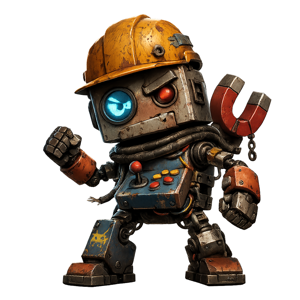 JunkBot, a small scrapyard robot in a yellow hard hat